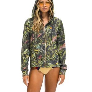 AVIATOR NATION Jungle Charcoal Tiger Parrot Full Zip Hoodie Sweatshirt Womens XS